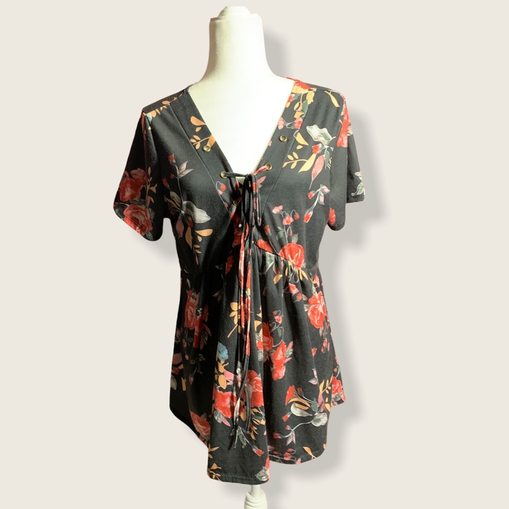 Floral Babydoll Tie-front Blouse Top